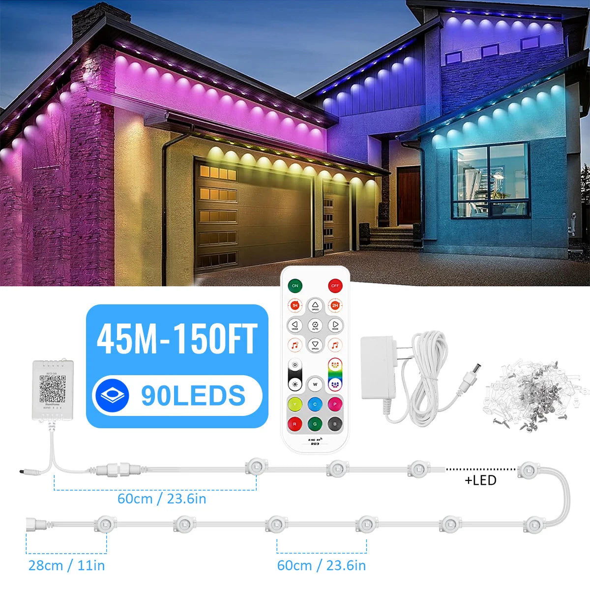 MassiveEco Permanent Smart Outdoor Lights - 100ft/150ft with 60/90 LED Eaves Lights IP68 Waterproof for Holidays