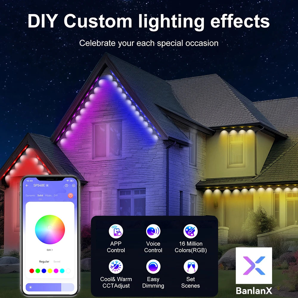 MassiveEco Permanent Smart Outdoor Lights - 100ft/150ft with 60/90 LED Eaves Lights IP68 Waterproof for Holidays