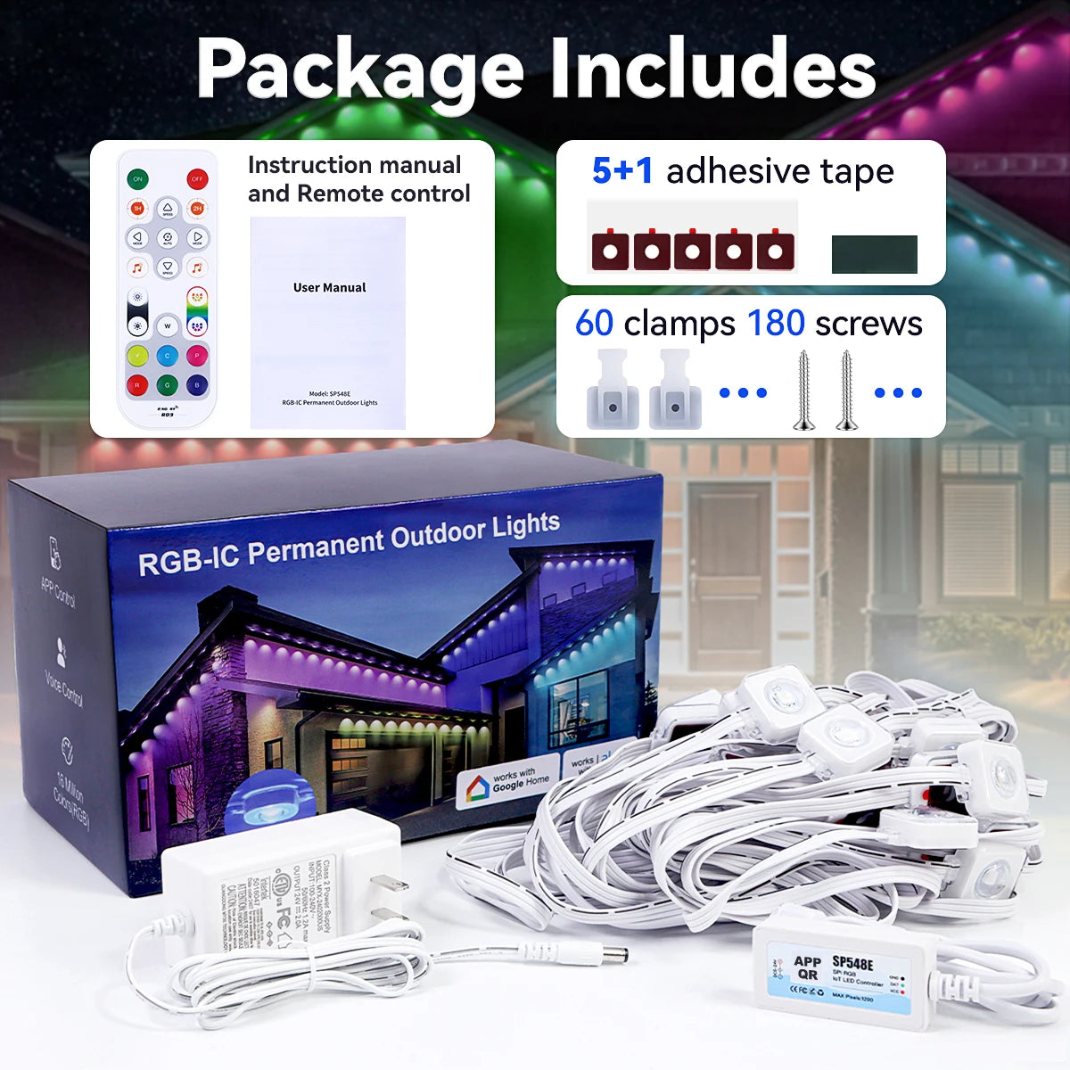 MassiveEco Permanent Smart Outdoor Lights - 100ft/150ft with 60/90 LED Eaves Lights IP68 Waterproof for Holidays