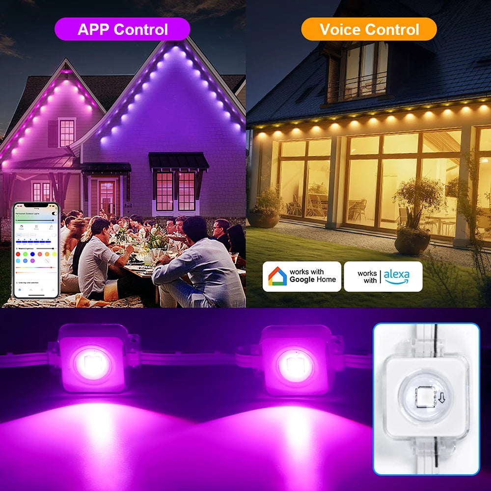 MassiveEco Permanent Smart Outdoor Lights - 100ft/150ft with 60/90 LED Eaves Lights IP68 Waterproof for Holidays